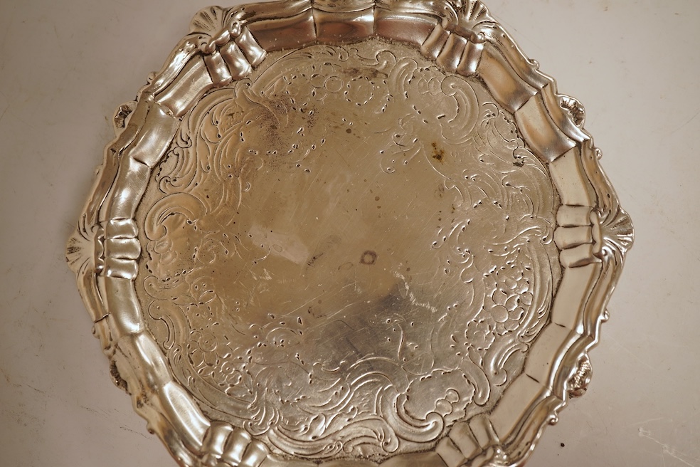 A Georgian Irish silver waiter, by John Dawson?, Dublin, circa 1760, 16.5cm, 7.3oz (tired and repaired).